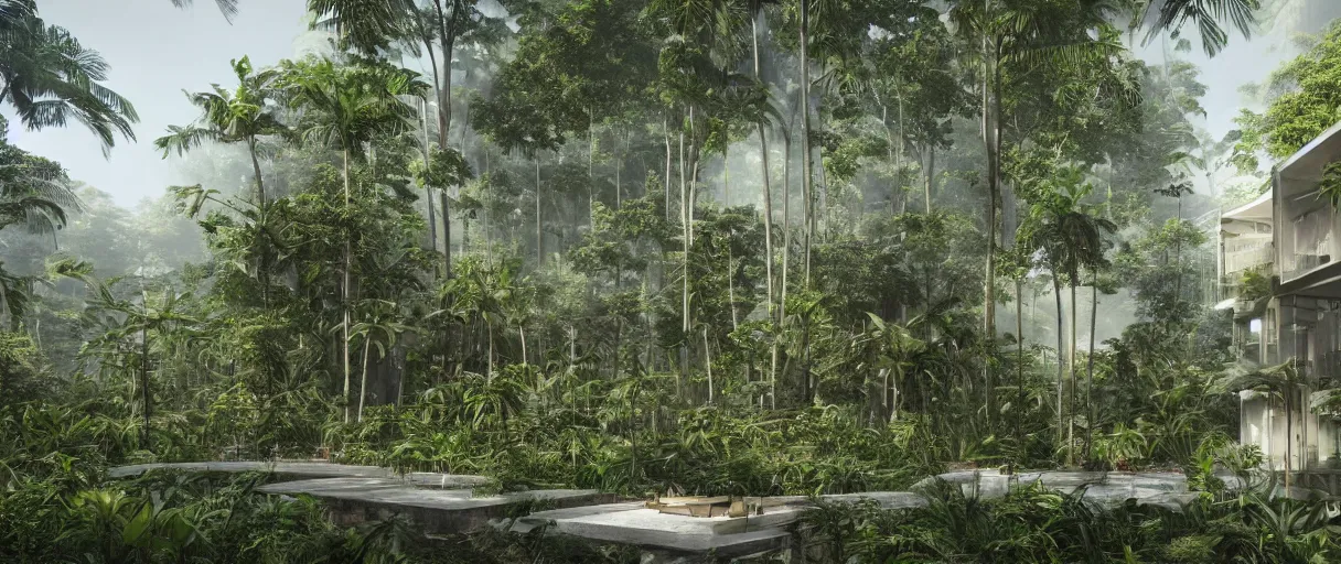 Prompt: architecture inspired by renzo piano deep in the rainforest. nature is taking over. matte painting. unreal engine 5 render. hdr. volumetric lighting. global illumination. atmospheric.