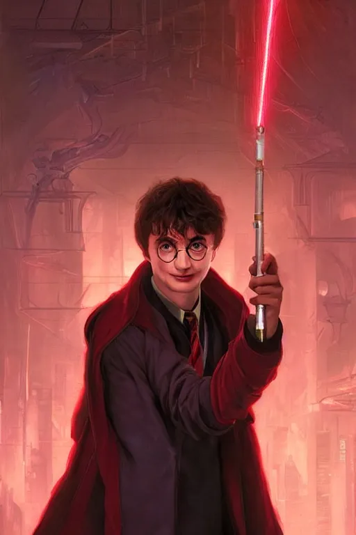Prompt: portrait of Harry Potter with faciap in cyberpunk, neon lighting, holding laser wand, digital art from artstation by Ruan Jia and Mandy Jurgens and Artgerm and william-adolphe bouguereau and Greg Rutkowski and Wayne Barlowe