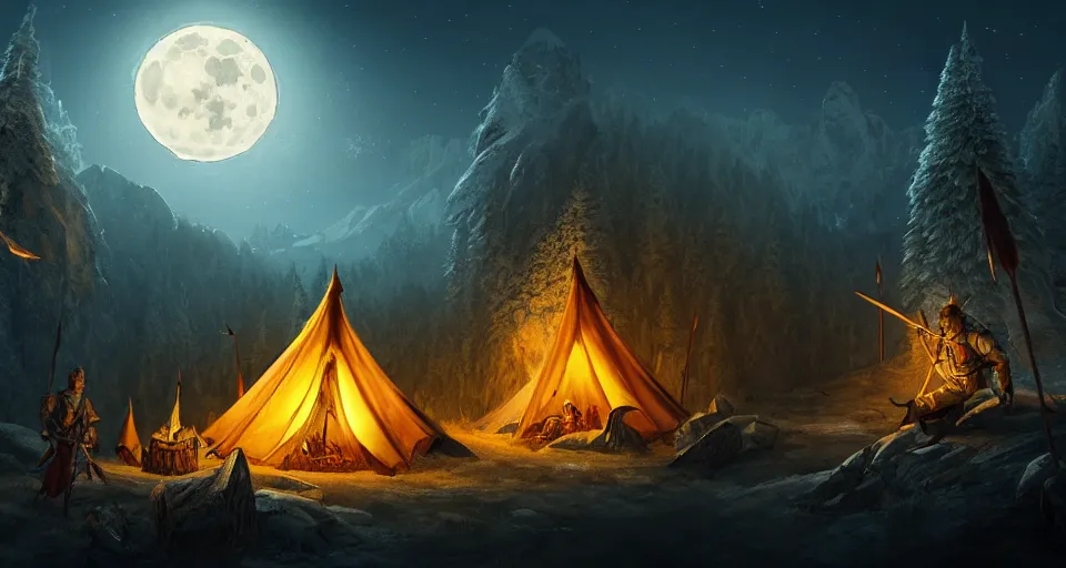 Image similar to an epic fantasy adventurer's camp with a hide tent at night with a full moon, 4 k, extremely detailed. award winning, trending on artstation, 8 k, ultra wide angle