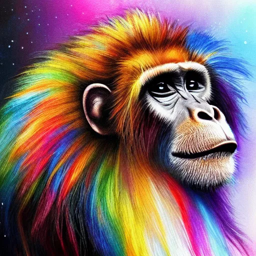 Image similar to portrait of a cute fluffy baby monkey with giraffe spots and long colorful flowing lion mane with mohawk hairstyle hybrid animal detailed painting 4 k