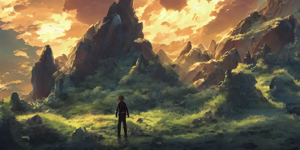 Image similar to isekai masterpiece anime man standing tree log looking up at giant crystals, high noon, cinematic, very warm colors, intense shadows, ominous clouds, anime illustration, anime screenshot composite background