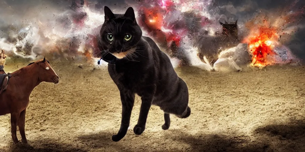 Prompt: cyborg cat, on a horse, an explosion on the background, punished, war, hyperrealistic, sharp focus, award winning photo