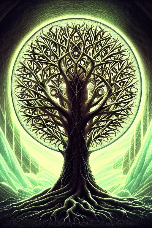 Image similar to tree of life, sacred geometry, illustration, high quality, details, intricate, atmosphere, highly detailed, cinematic, digital painting, deviantart, cinematic, concept art