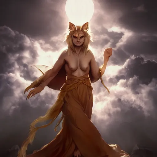 Prompt: leonine devil in flowing robes, ethereal, backlit, high fantasy, highly detailed, puzzled expression, realistic lighting, sharp focus, intricate, by artgerm, wlop, crossdress, frank frazetta, trending on artstation