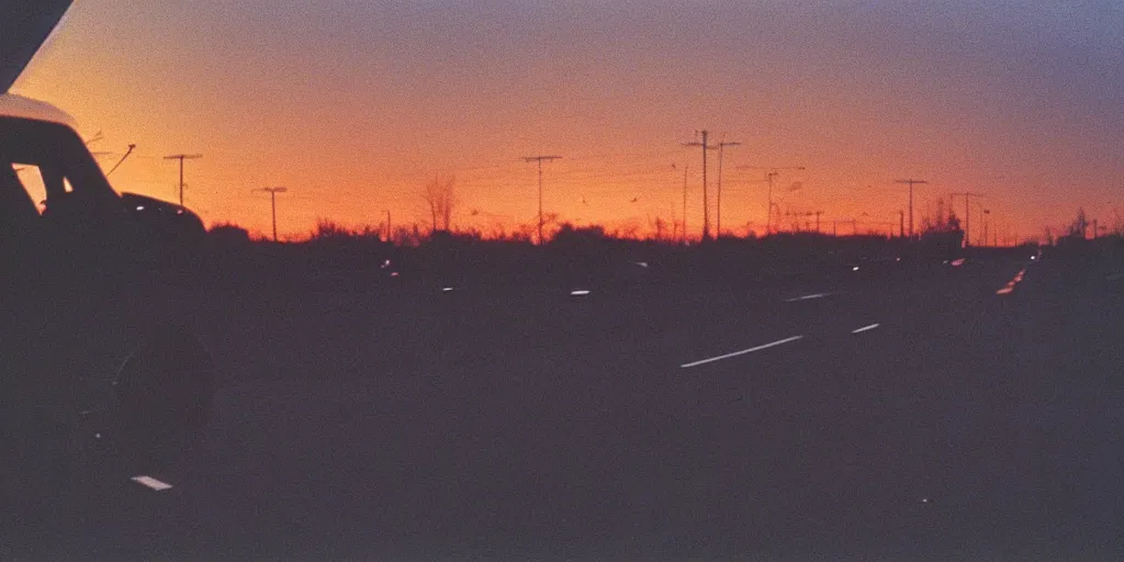 Image similar to an infinitely long greyhound bus never ending, sunset, eerie vibe, leica, 2 4 mm lens, cinematic screenshot from the 2 0 0 1 surrealist film directed by charlie kaufman, kodak color film stock, f / 2 2, 2 4 mm wide angle anamorphic