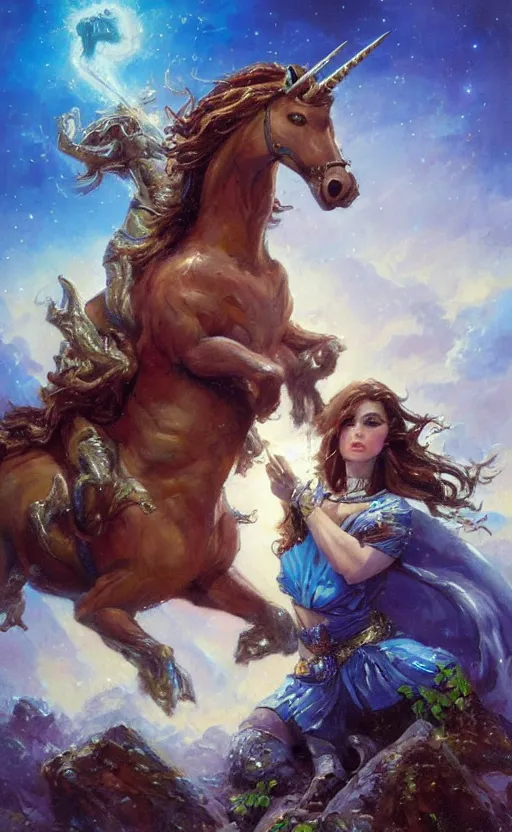 Prompt: A beautiful brunette girl on a unicorn charges an ugly stone giant, good against evil, brilliant, oil on canvas, smooth, colorful and impactful, by Ralph Horsley, 8K