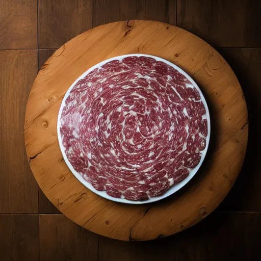 Image similar to a round bench completely covered in salami, studio photography, 5 0 mm