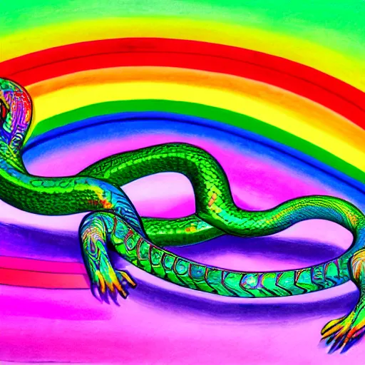 Image similar to a being of pure light, giant rainbow iridescent serpent is wrapping around its body, hyper detailed, ultra fine colored inking lines