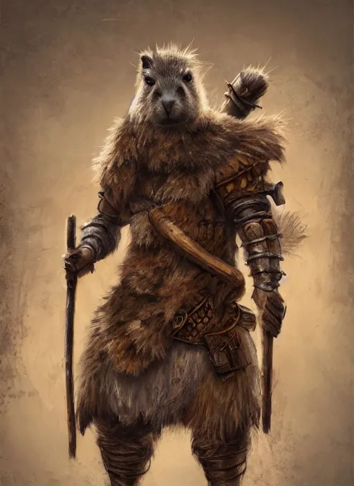 Image similar to detailed full body concept art illustration, plague style oil painting on canvas of an anthropomorphic capybara barbarian in full intricate clothing, biomutant, dystopian plague, micro detail, octane render, 4K