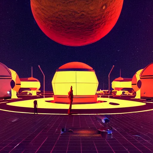 Image similar to low angle shot of a space port at night, pulp art, cinematography by Jim Jarmusch, set design by Joseph Leyendecker and Robert McGinnis and Alfred Henry Maurer, 3d octane blender render, Hipple and boho fashion 1970s, kraut rock soundtrack