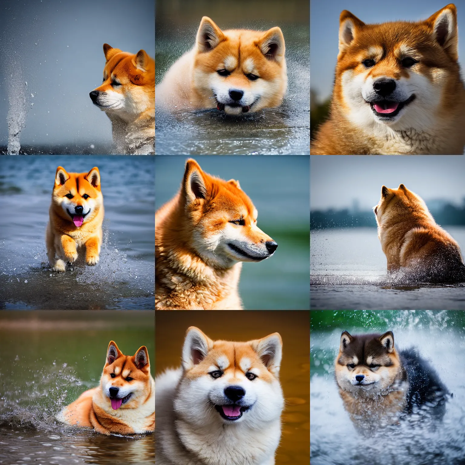 Prompt: Close up portrait of a big fluffy cat mixed with a shiba inu, award winning photograph, 50 mm lens and f/12.0, fast shutter speed of water floating in the air