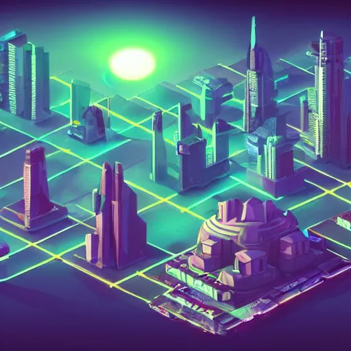 Image similar to a low-poly isometric digital matte painting of a large and dramatic nuclear blast cloud above a urban cyberpunk nighttime city skyline, vaporwave, #isometric