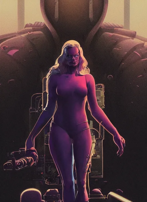 Prompt: Horror sci-fi movie poster artwork by Michael Whelan and Tomer Hanuka, Rendering of Margot Robbie, full of details, by Makoto Shinkai and thomas kinkade, Matte painting, trending on artstation and unreal engine