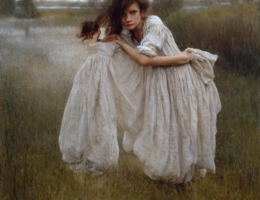 Image similar to peasant girl trying new dress, cottage core, cinematic focus, polaroid photo bleached vintage pastel colors high - key lighting, soft lights, foggy, by steve hanks, by lisa yuskavage, by serov valentin, by tarkovsky, 8 k render, detailed, oil on canvas