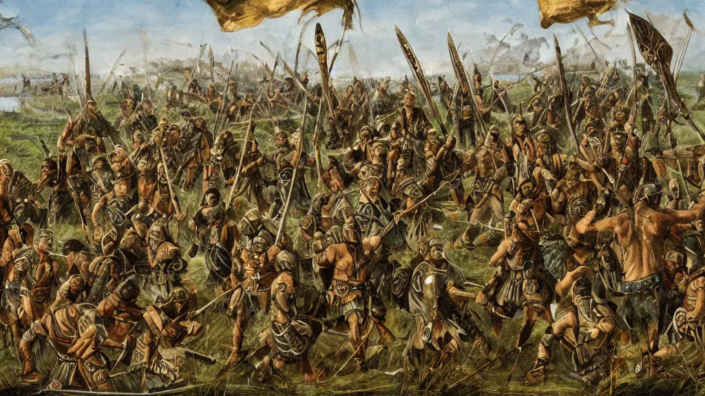 Prompt: celtic tribal soldiers with war paint and spears facing roman legionnaires with swords and spathas in wetland with few cypress trees far away, cinematic, waterpaint, late antiquity, battle, britannia