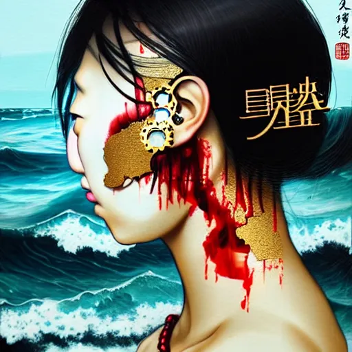 Prompt: portrait of chinese woman :: side profile :: in ocean :: clockwork details :: gold :: blood and horror :: by vikings and Sandra Chevrier