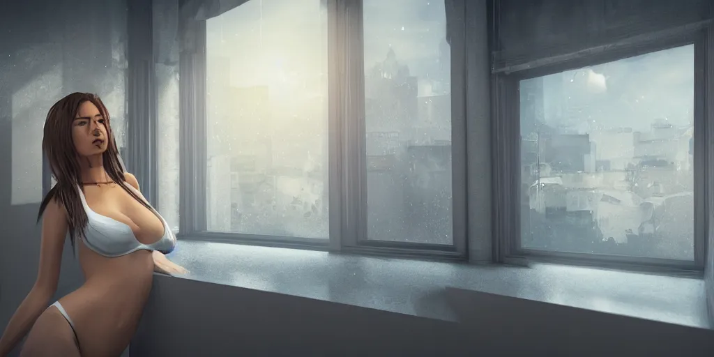 Prompt: hot girl on a windowsill, hyper realistic, hyper detailed, epic lighting, cinematic, dynamic volumetric lighting, raytracing, 8 k, glowing lights, wide shot, reality, ultrarealism, 4 k, high res, complex, elegant, highly detailed, soft bokeh