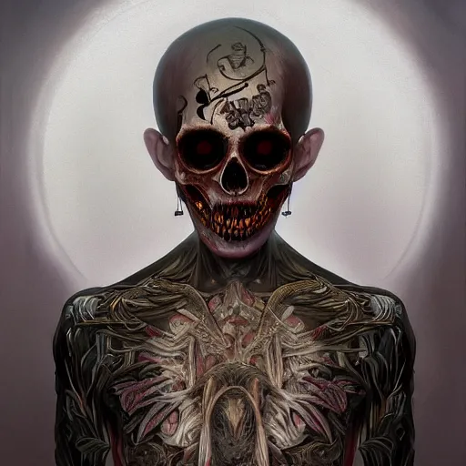 Image similar to A very detailed horrifying portrait painting of the prince of death, floral patterned skin, occult, 8k, trending on artstation cgsociety, masterpiece, in the style of DiscoDiffusion.