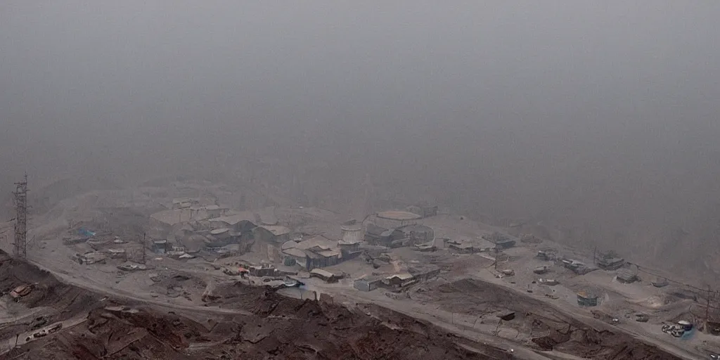 Image similar to industrial mine, pollution, haze, film still from wes anderson movie, baotou china,