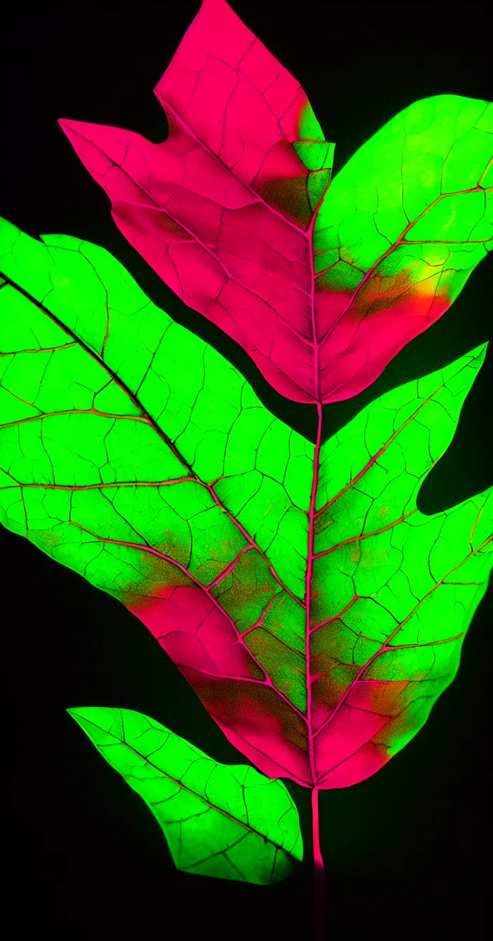 Prompt: realistic photo of a one big neon colored glowing leaf in dark background, very sharp focus, in the style of greg rutswoski, very hyper realistic, highly detailed, fantasy art station