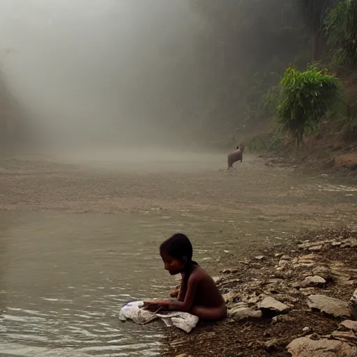Image similar to award winning photo of a nepali village girl, bathing in a river, early morning, foggy, sunlight