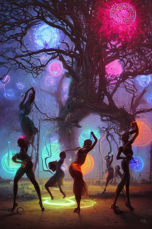 Prompt: african women dancing around a glowing, energized, steampunk neon portal near the electric tree of life in a lightning storm, by greg rutkowski. oil on canvas, afropunk!, afrofuturism, detailed and intricate environment, radiant lighting. highly detailed. masterpiece