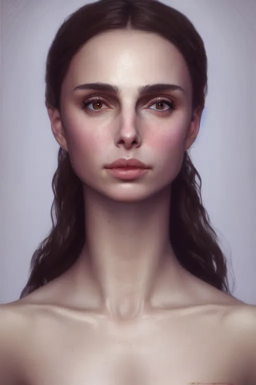 Image similar to a girl Nathalie Portman portrait, 3/4 view, loving amber eyes, a shy face, unreal 5, hyperrealistic, octane render, Regal, Refined, Detailed Digital Art, RPG portrait, William-Adolphe Bouguereau, Michael Cheval, dynamic lighting, Highly Detailed, Cinematic Lighting, Unreal Engine, 8k, HD
