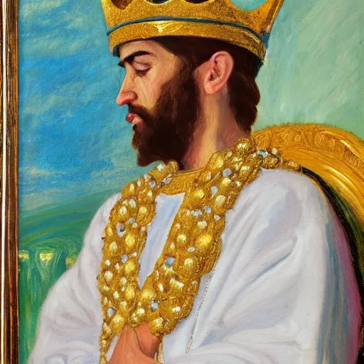 Prompt: impressionist oil painting of a middle eastern emperor dressed in white and gold garments on his throne with his head leaning on his fist while deep in thought, wearing a vibrant golden crown on his head, white background, king solomon