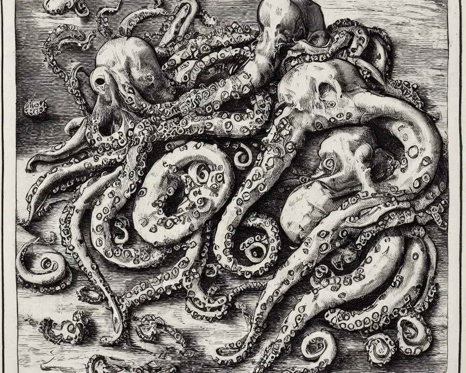 Image similar to A salvage with an octopus head in the style of Albrecht Durer, engraving, black and white