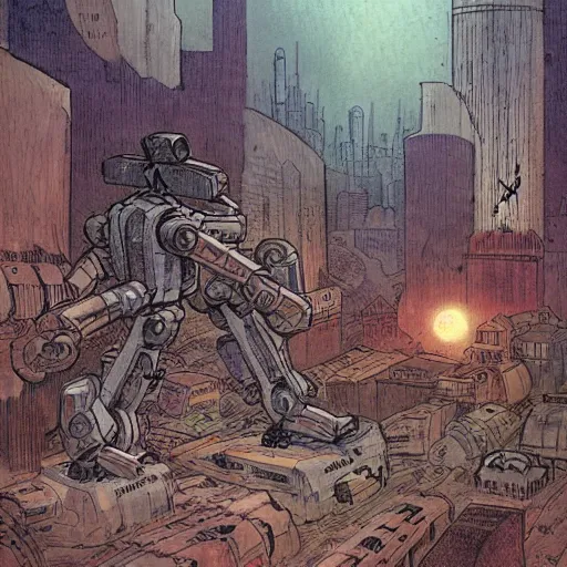 Prompt: robot civil war has destroyed robot city on planet robot, by john baptiste monge, muted colors