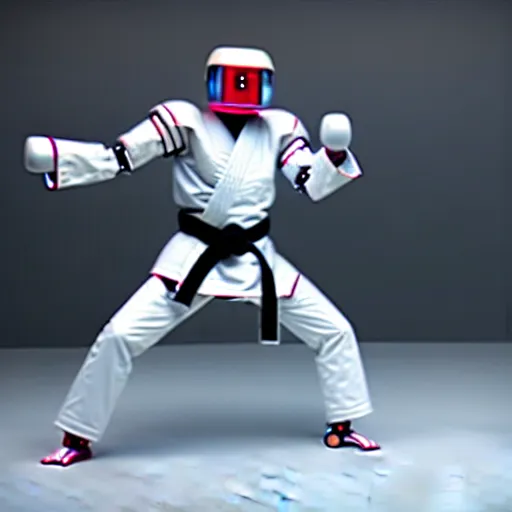 Image similar to robot in a karate suit practicing karate, hyperrealistic, unreal engine, 3 d, octane render, 8 k, made it look like it was made by dall - e 2