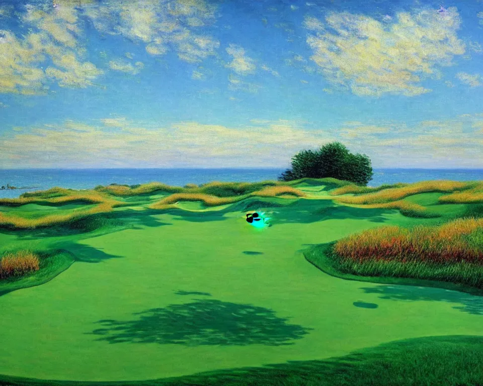 Image similar to achingly beautiful painting of pacific dunes golf course by rene magritte, monet, and turner.