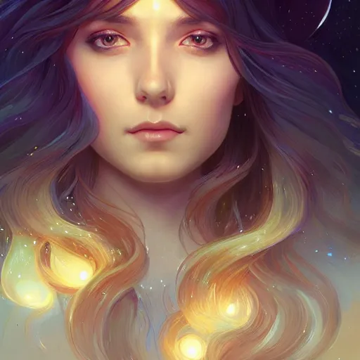 Image similar to girl with super long hair, hair becoming night stars, intricate, highly detailed, digital painting, artstation, concept art, smooth, sharp focus, illustration, unreal engine 5, 8 k, art by artgerm and greg rutkowski and alphonse mucha