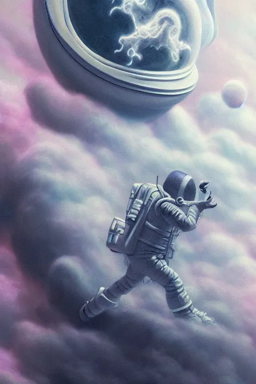 Image similar to close up shot of a full body floating astronaut portrait smoke elemental fading into white smoke, high contrast, james gurney, peter mohrbacher, mike mignola, black paper, mandelbulb fractal, trending on artstation, exquisite detail perfect, large brush strokes, bold pinks and blues tones, intricate ink illustration, black background