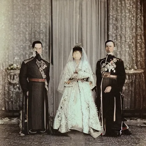 Prompt: a wide full shot, colored russian and japanese mix historical fantasy of a photograph taken of the royal empress and emperor exchanging vows, photographic portrait, warm lighting, 1 9 0 7 photo from the official wedding photographer for the royal wedding.