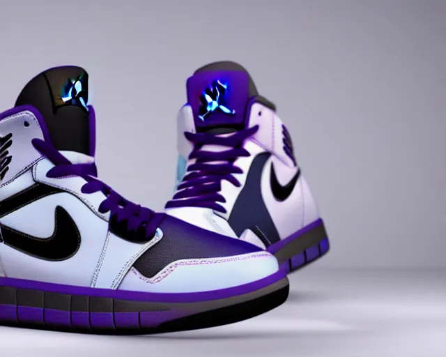 Image similar to 3D render of mid height air jordan sneakers the joker design, cinematic, studio lighting, award winning, highly detailed