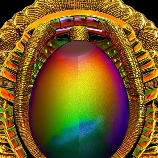 Image similar to a colorful refractive dragon scale egg sitting on a nest of gold rings, photorealistic, symmetrical, unreal engine