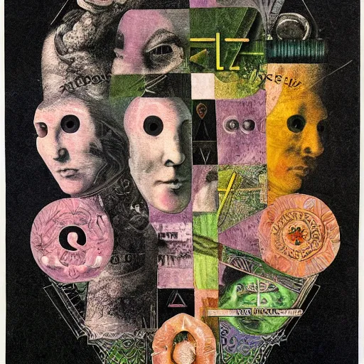 Image similar to post - punk new age album cover, asymmetrical design, dollar bank notes, capitalism, magic, apocalypse, psychedelic, black white pink, magic, giger h. r., giuseppe arcimboldo