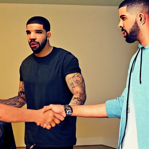 Prompt: a photo of rapper Drake shaking his own hand