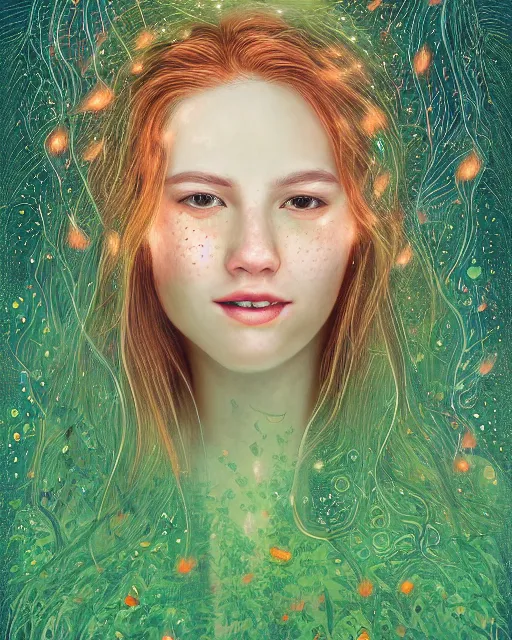 Prompt: a young woman, smiling, amazed by the lights of golden fireflies, sitting in the midst of nature fully covered, long loose red hair, intricate linework, dreamy green eyes, small nose with freckles, oval shape face, realistic, expressive emotions, dramatic lights, spiritual scene, hyper realistic ultrafine digital art by james jean and albert bierstadt and artgerm