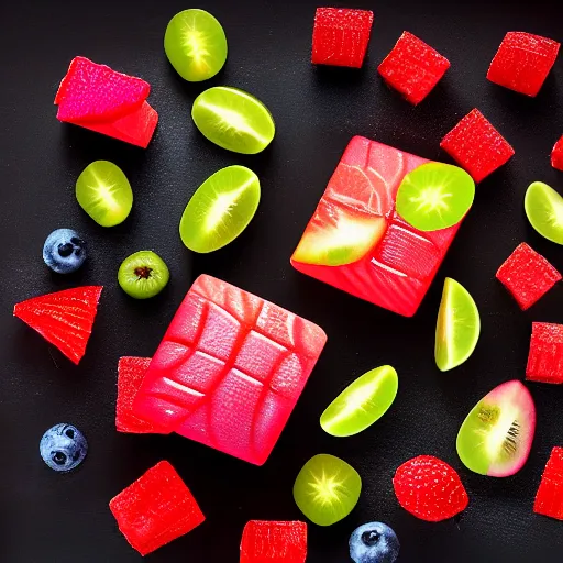 Prompt: edible rubic's cube made from fruit, food photography