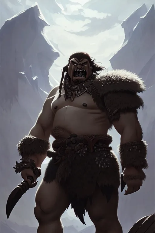 Image similar to orc barbarian wearing leather armor, full body shot, exquisite details, earth magic, mid view, design on a white background, by greg rutkowski, makoto shinkai, takashi takeuchi, studio ghibli