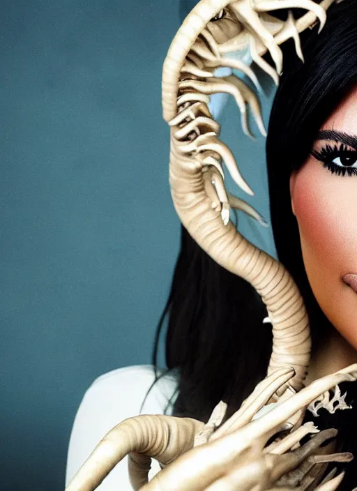 Image similar to photo still full pov of a kim kardashian with a alien facehugger over her face, cinematic full shot.