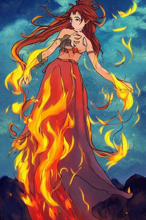 Image similar to beautiful goddess of fire stands in her power, in the style of studio ghibli