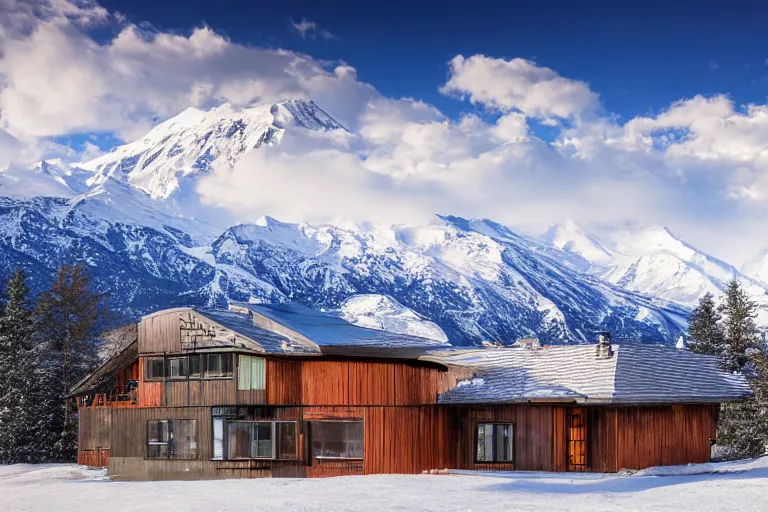 Image similar to architecture photo modern fachwerk house cottage settlement with Elbrus mountain on the background, architecture, photorealism 8k , high details