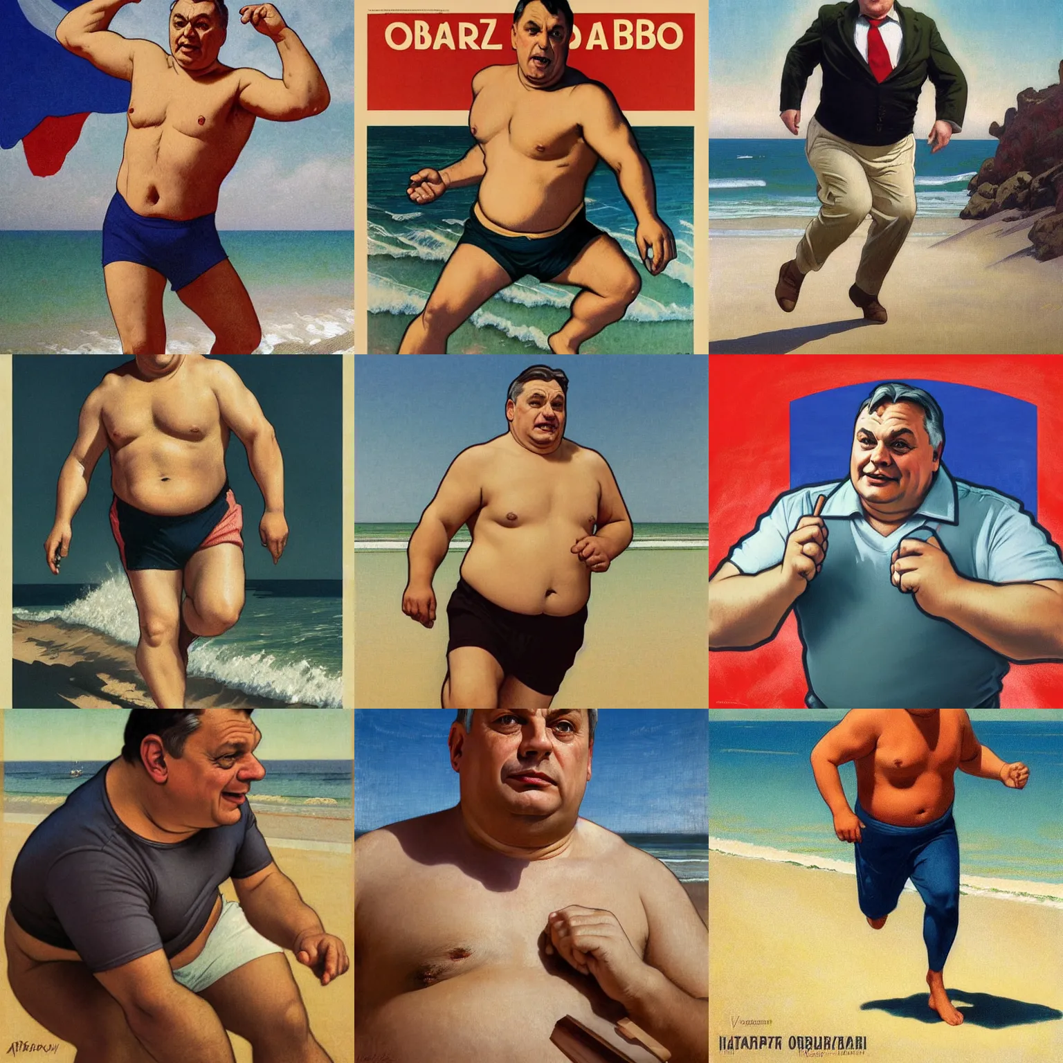 Prompt: portrait of slightly chubby hungarian prime minister viktor orban running on a beach, soviet propaganda poster, intricate, hyperdetailed, photorealistic, diffuse lighting, hdrp, artstation, unreal 5, smooth, textless, sharp focus, art by john collier, albert aublet, krenz cushart, artem demura, alphonse mucha