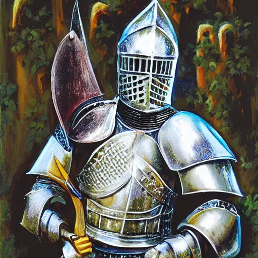 Prompt: knight in dazzling, shining armor, with many reflections on it from all directions