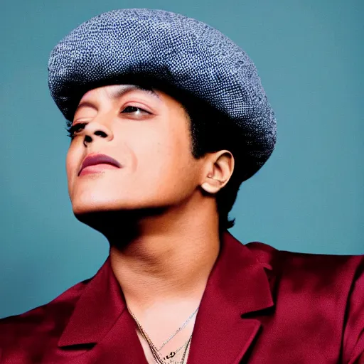 Prompt: bruno mars with a beret in a retrofuturistic city, retro futuristic fashion, photography award winning,