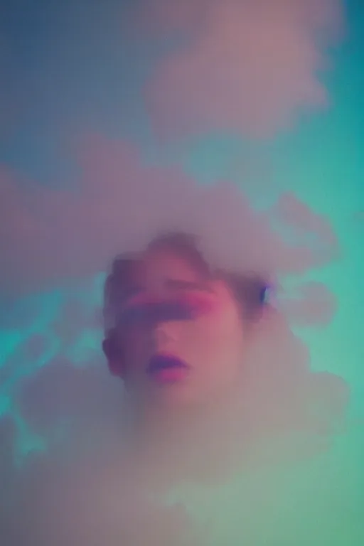 Image similar to high quality pastel coloured film close up wide angle photograph of a model wearing clothing resting on cloud furniture in a icelandic black rock!! environment in a partially haze filled dreamstate world. three point light, rainbow. photographic production. art directed. pastel colours. volumetric clouds. pastel gradient overlay. waves glitch artefacts. extreme facial clarity. 8 k. filmic.