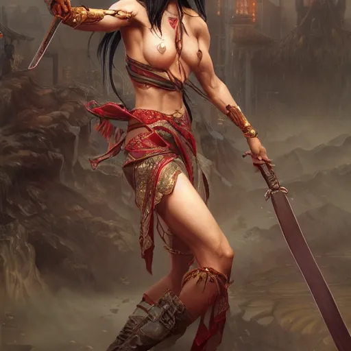 Prompt: painting of dark muscular oiled chinese woman, bloody, carrying a sword, symmetric, ultra realistic, concept art, intricate details, eerie, highly detailed, photorealistic, octane render, 8 k, unreal engine. art by artgerm and greg rutkowski and alphonse mucha